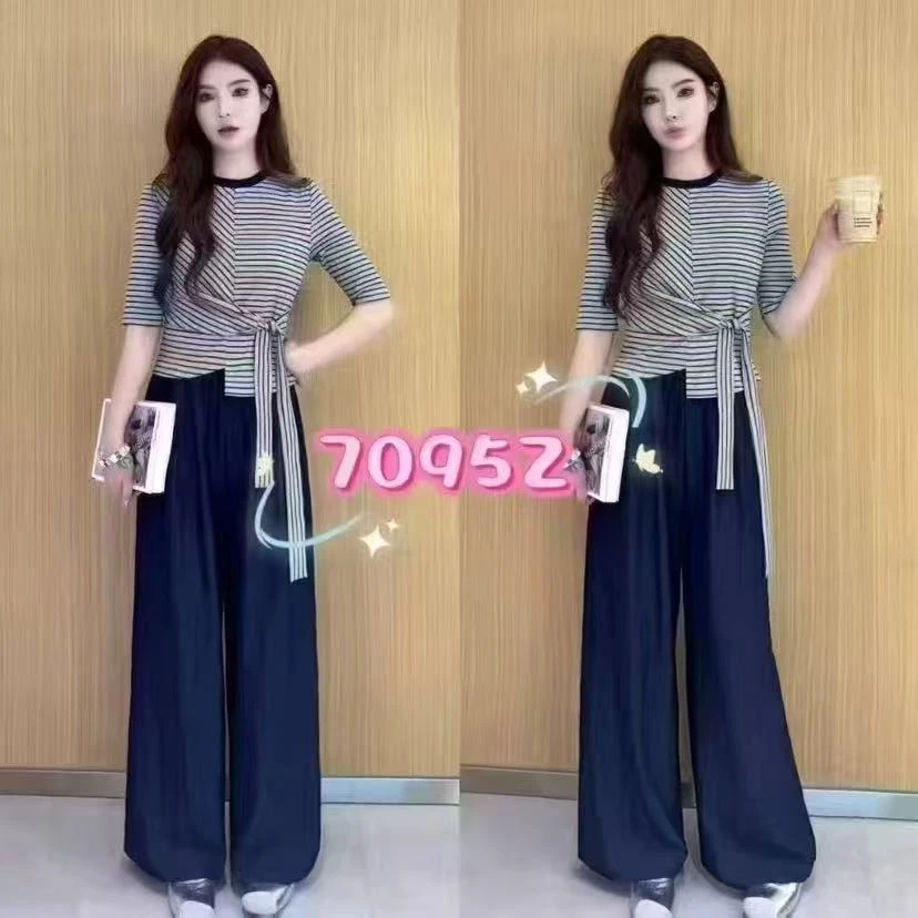 秋季新款韩版时尚休闲百搭条纹短袖上衣搭配阔腿裤套装