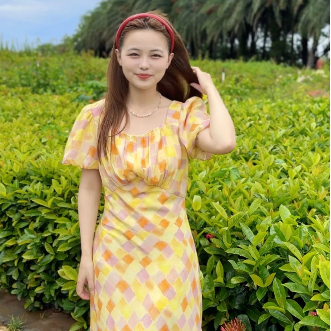 VANCY COUTURE彩虹格子连衣裙碎花显瘦气质泡泡袖修身收腰法式