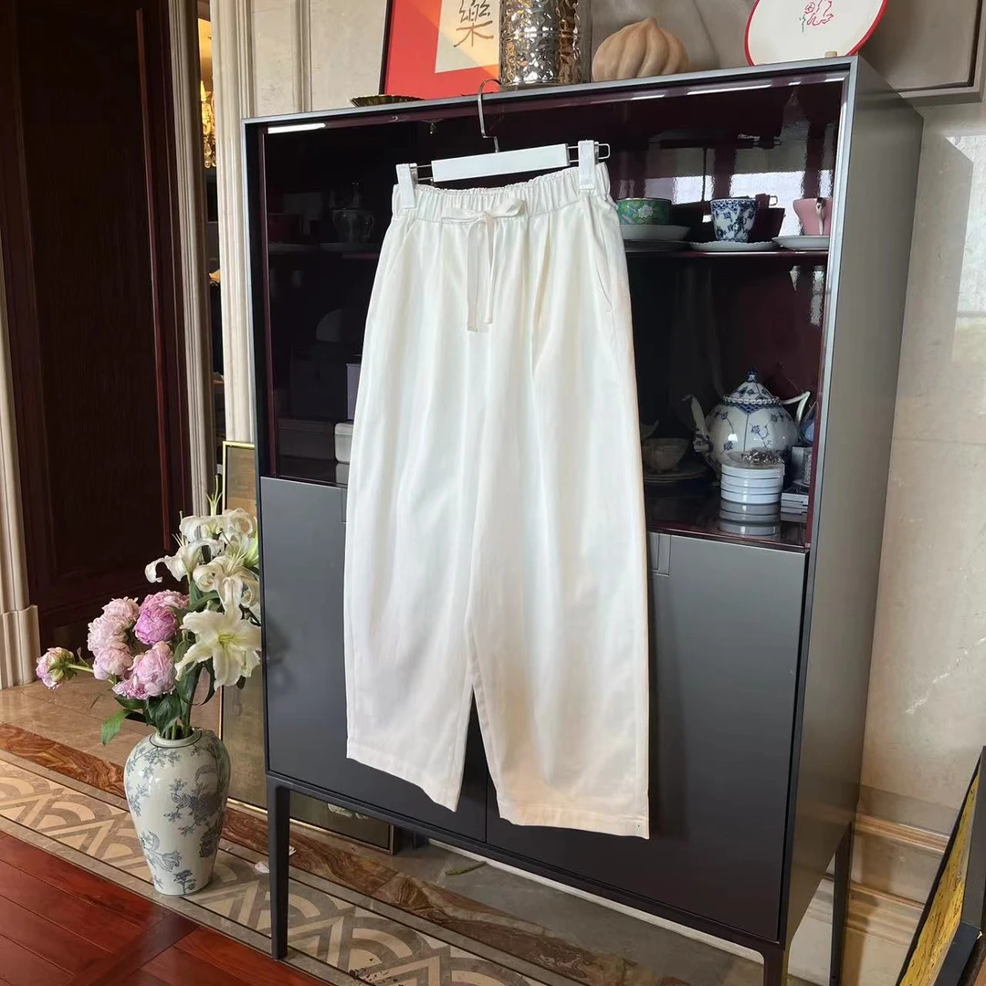 MYL 2024年夏季新款聚酯混纺白色气球裤阔腿裤松紧系带时尚直筒裤
