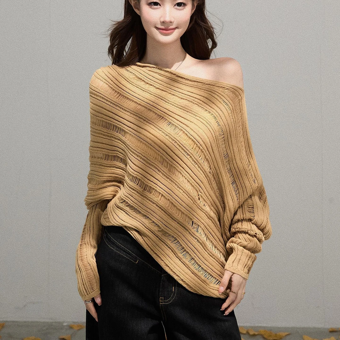 斜肩镂空条纹长袖针织衫女秋宽松休闲韩版时尚上衣气质百搭打底