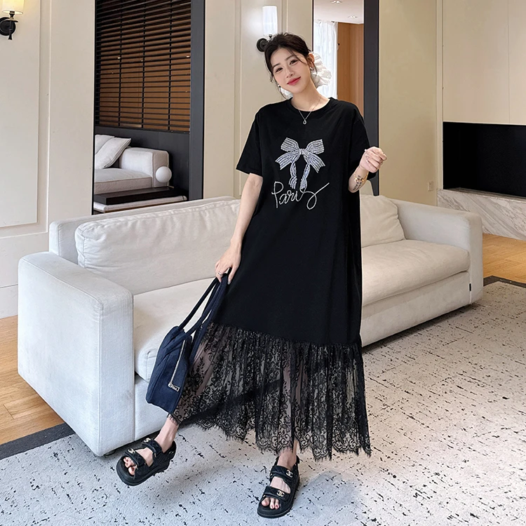 2025夏新款/大码长款拼接蕾丝裙摆烫珠烫钻短袖连衣裙