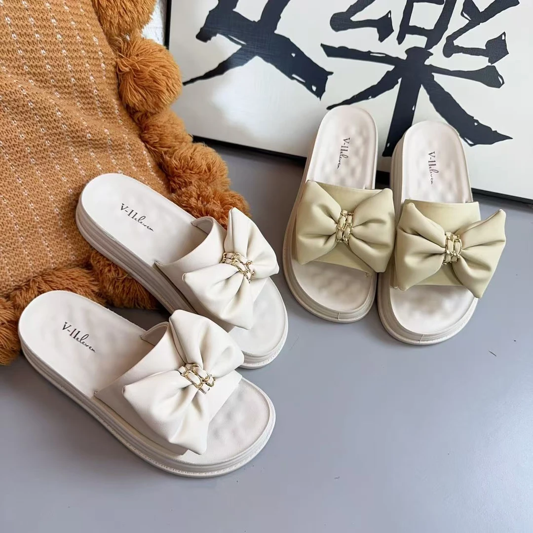 38086新款大蝴蝶结舒适百搭软底一字圆头凉拖鞋仓