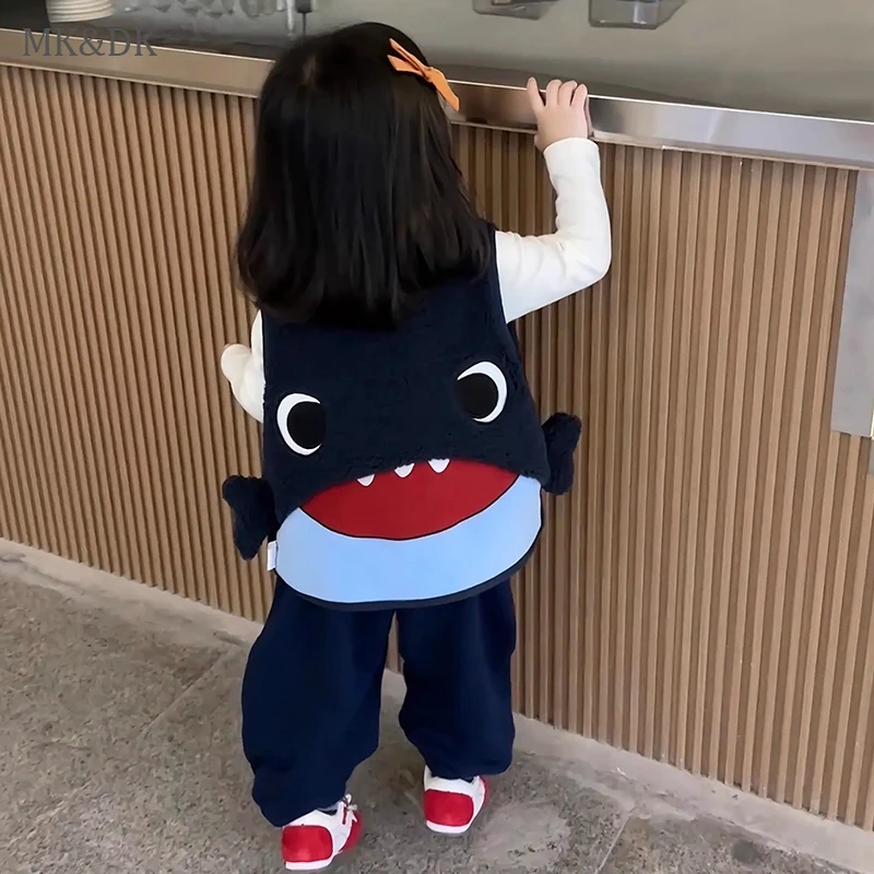 MK&DK韩版童装女童秋套装2025新款洋气儿童可爱蓝色鲨鱼马甲背心
