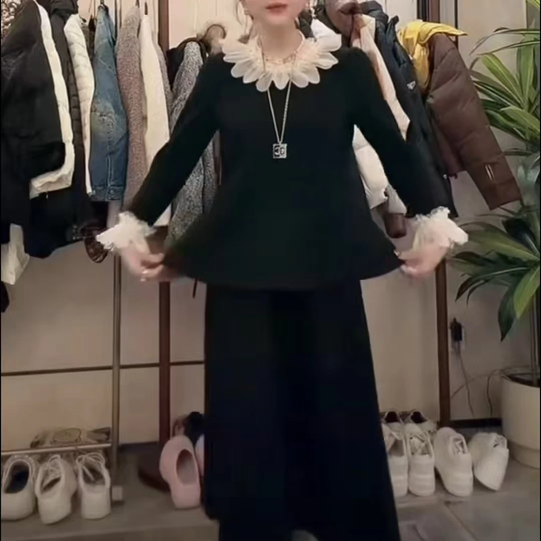 岚岚大码女装名媛范钉珠花瓣领显瘦上衣高腰长裙洋气两件套6670