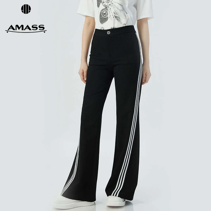 阿玛施AMASS新款女装潮流中高腰侧边条纹休闲微喇长裤女5100458