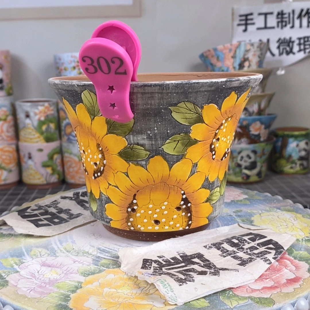 紫砂花盆红陶手绘花盆