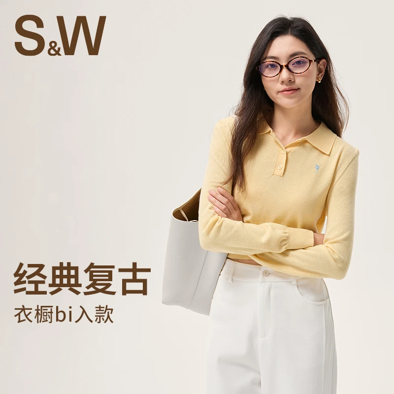 SW速惟 法式复古针织打底衫女修身显瘦polo领长袖上衣 4304