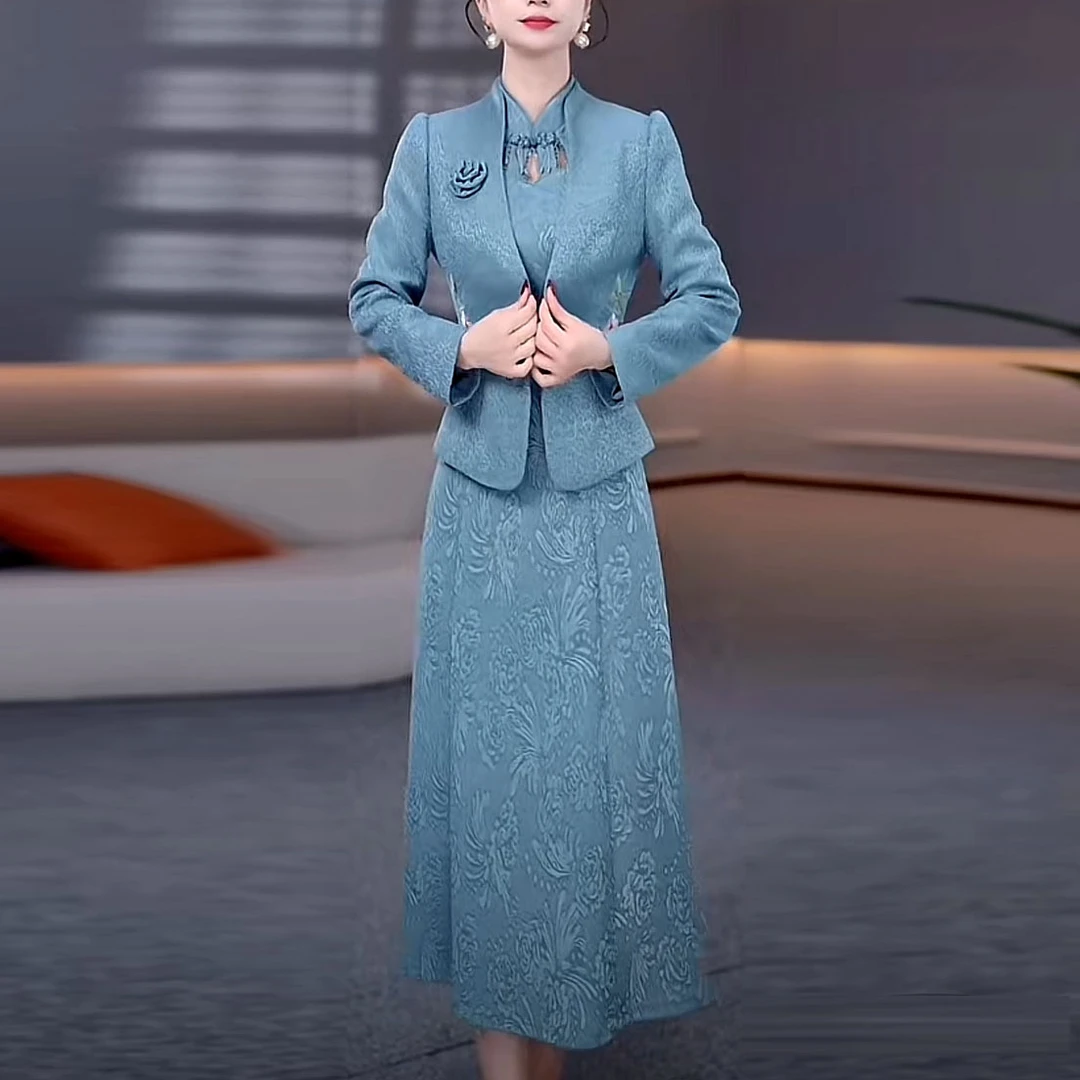 琉璃精纺国风刺绣两件套连衣裙2025秋季新款外套新中式改良旗袍裙