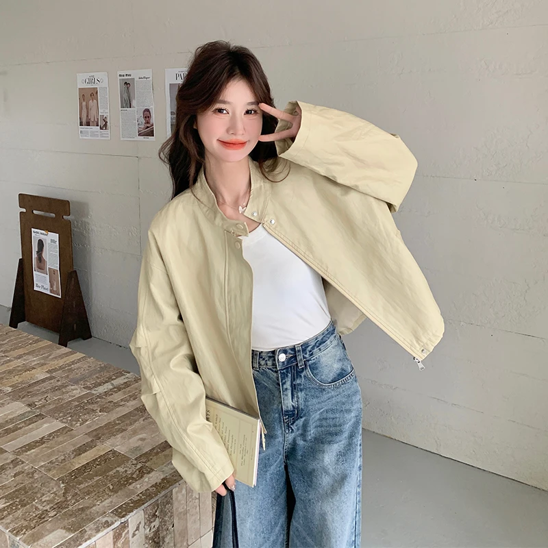 米黄色韩版时尚设计感外套女短款2025早春新款小个子休闲PU皮上衣