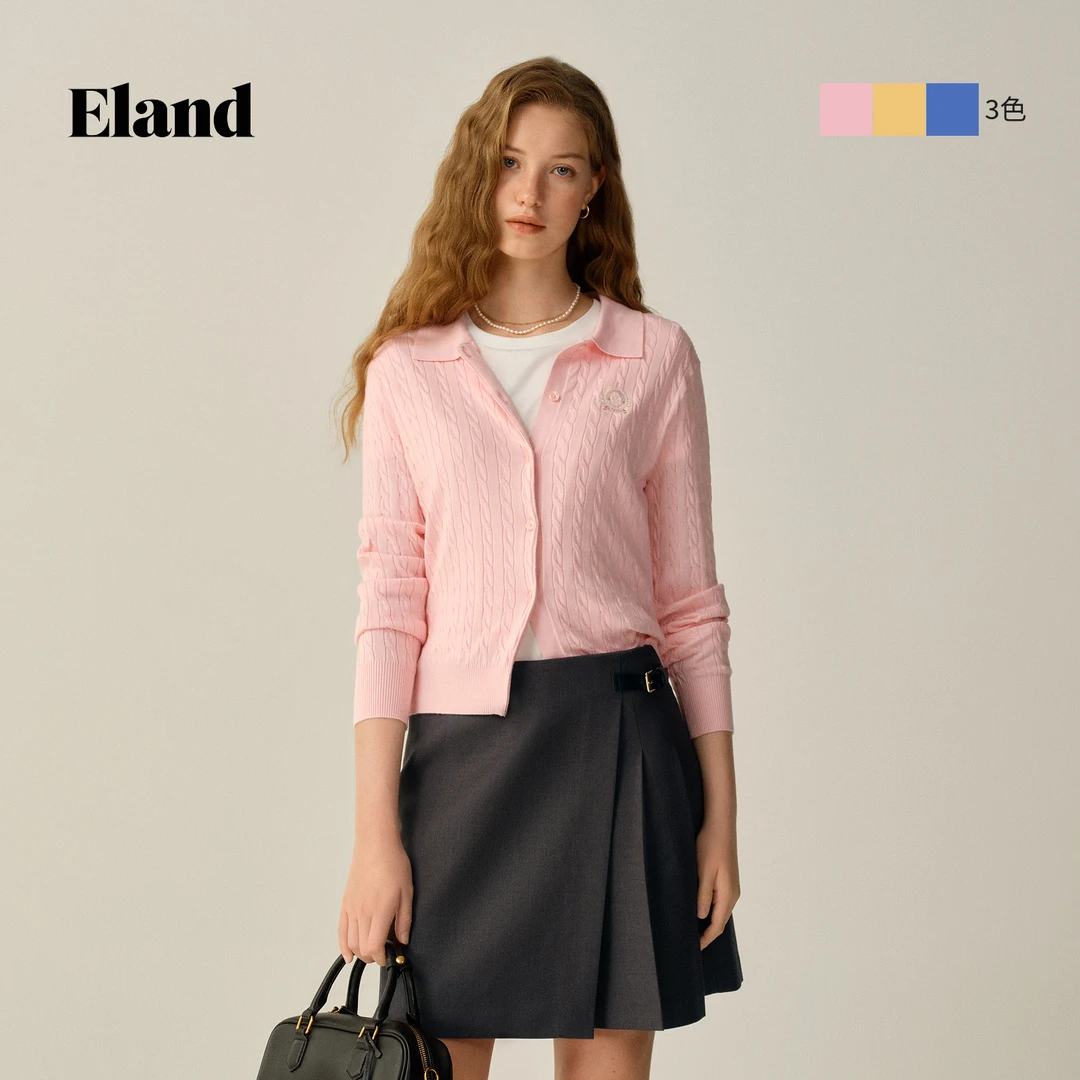 Eland衣恋时尚绞花毛针织衫女士长袖翻领开衫休闲毛衣EECKF88S01