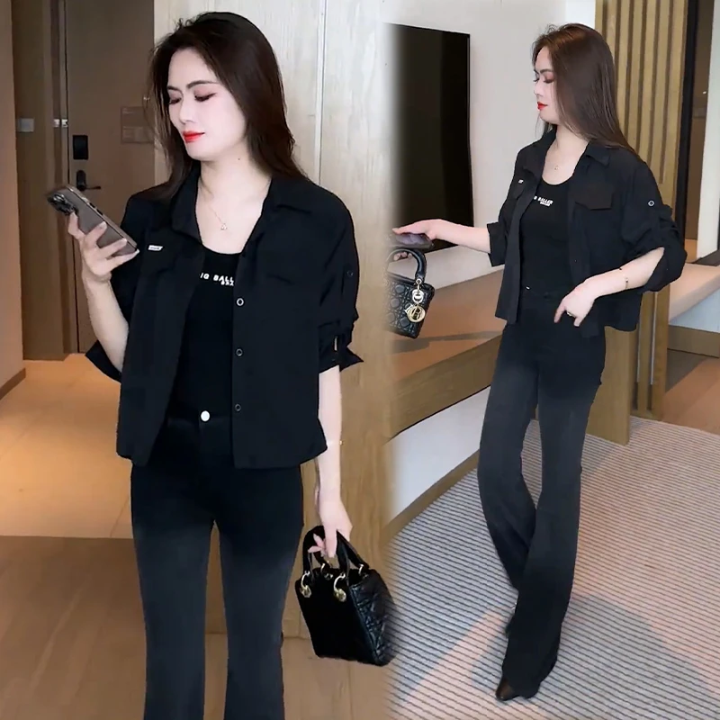 2025长袖衬衫常规款气质黑色女POLO领春秋夏季显瘦时尚上衣