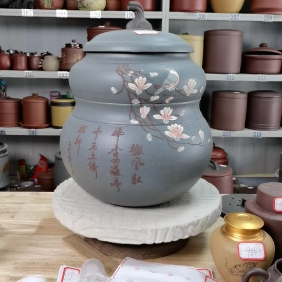 紫砂茶叶罐正品大葫芦本山绿花鸟款7222