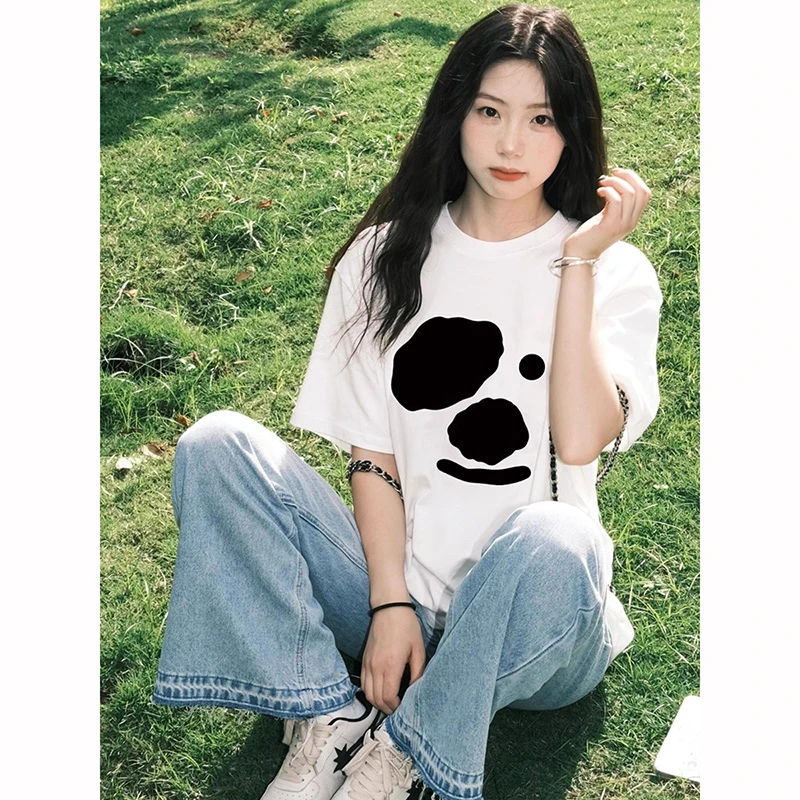 胖mm300斤黑白小狗正肩短袖女t恤夏新款潮牌白色圆领宽松显瘦上衣