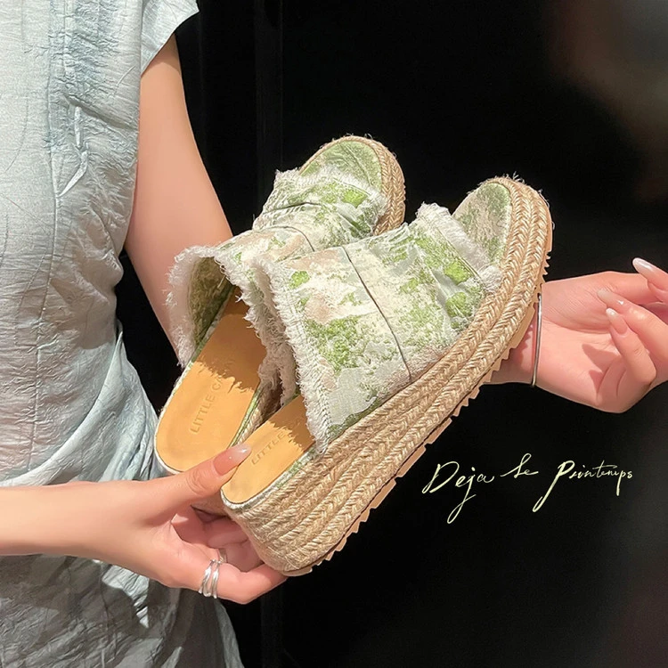 品牌手工女鞋~4.5cm中跟缎面一字拖鞋女夏季外穿草编厚底坡跟凉拖