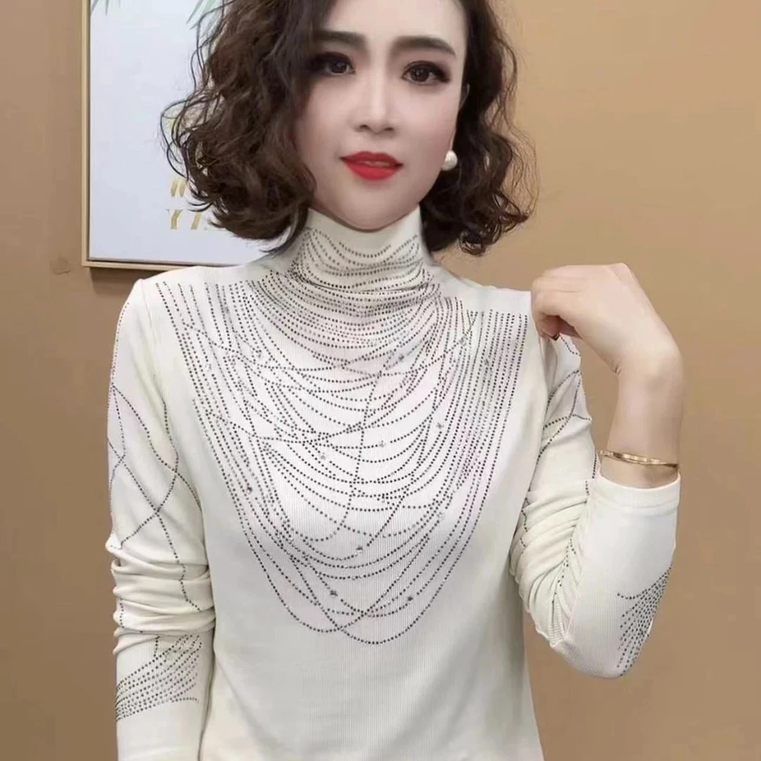 2025最新款烫钻洋气亮闪闪打底衫亮晶晶半高领长袖女士打底衫上衣