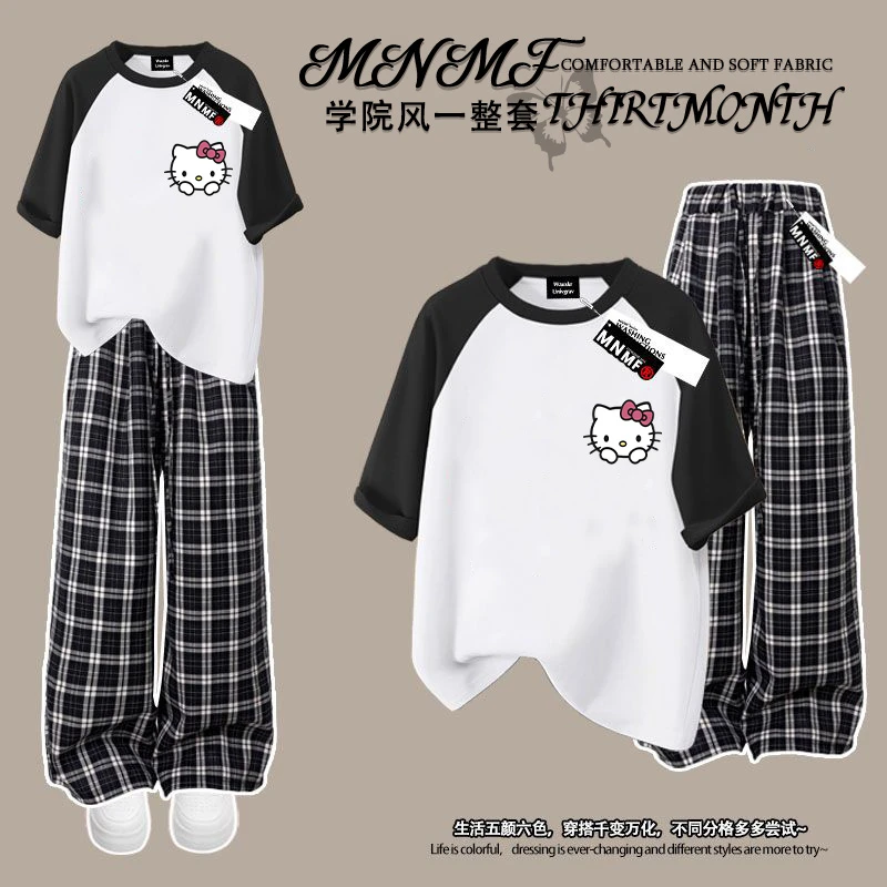 HelloKity猫猫卡通女童插肩短袖T恤格子长裤套装夏季简约风两件套