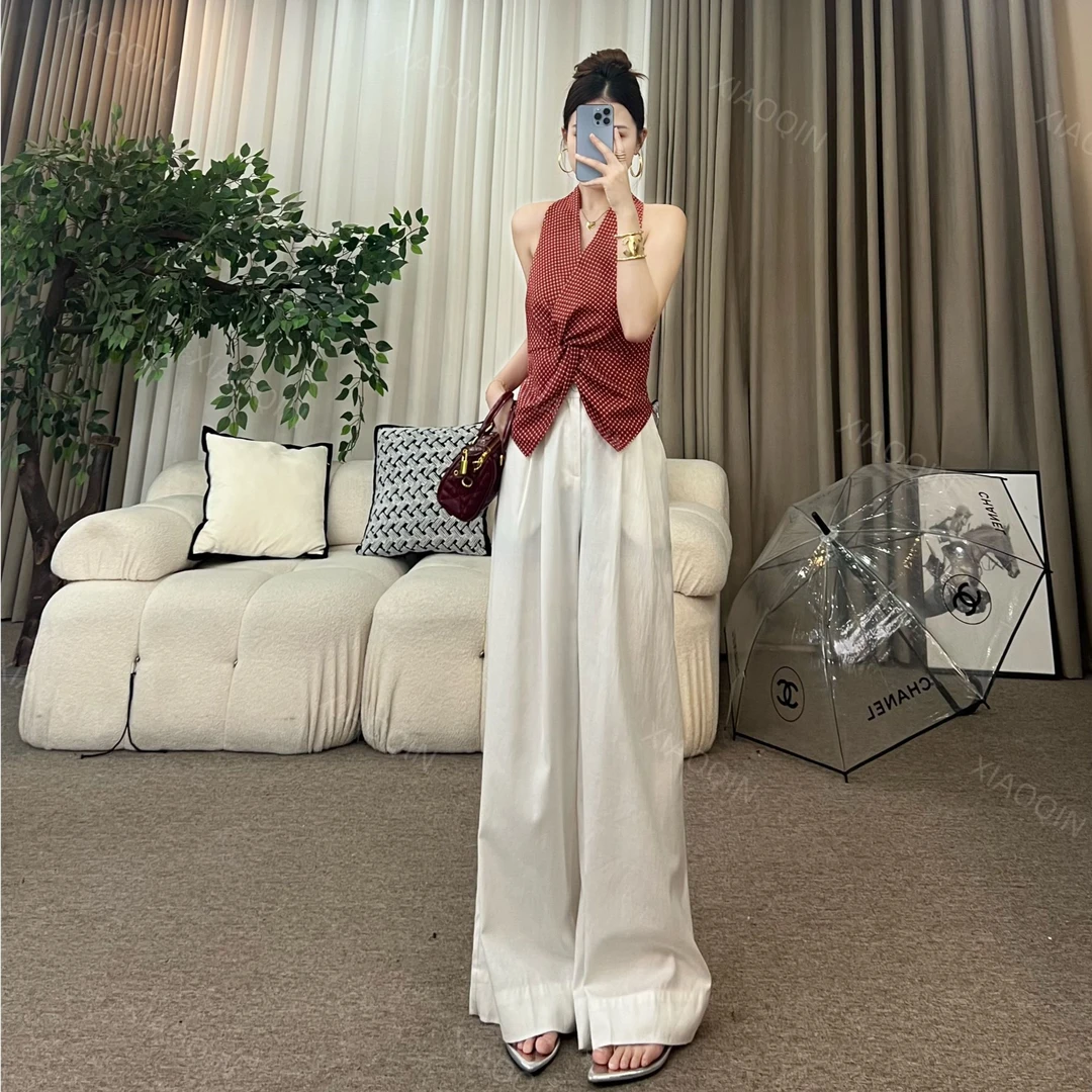 JIAMI【夏季限定】夏季复古港风V领扭结褶皱显瘦格子挂脖上衣T012