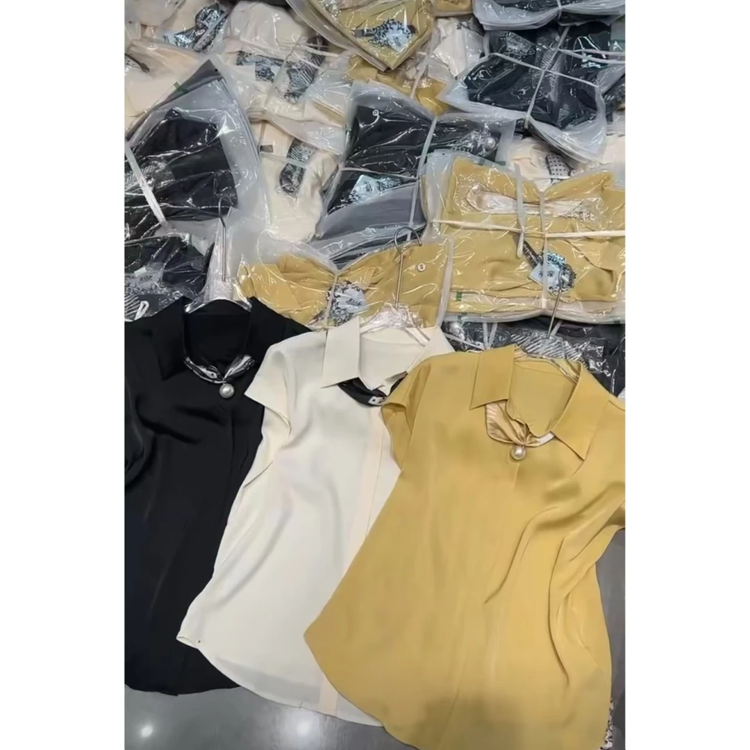 358-夏季新款时尚纯色简约百搭翻领短袖衬衫显瘦气质上衣女潮