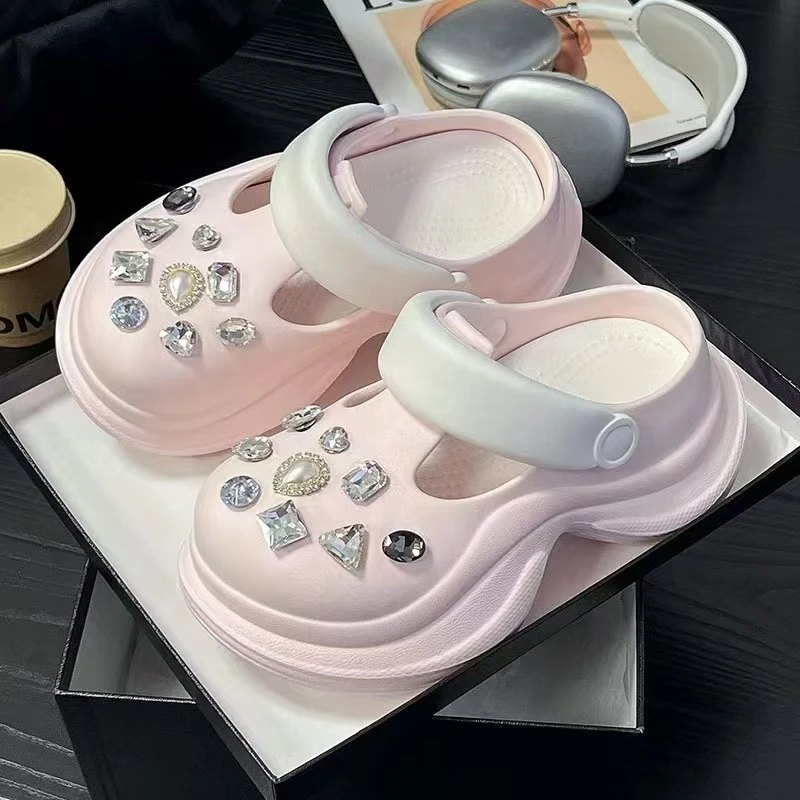 2025新款小蛮腰厚底洞洞鞋透气增高包头水钻832