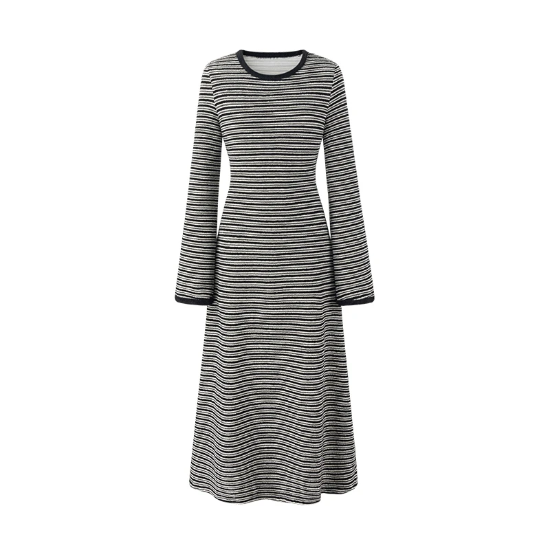 圆领撞色条纹长袖连衣裙女优雅设计感气质收腰长款裙子