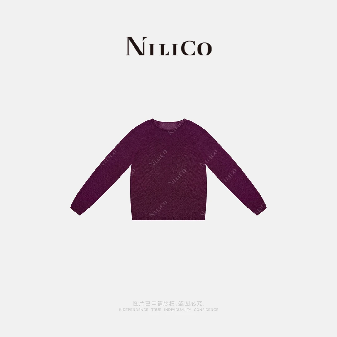 NILICO【典雅】和纸镂空紫色圆领长袖宽松设计感百搭洋气罩衫上衣