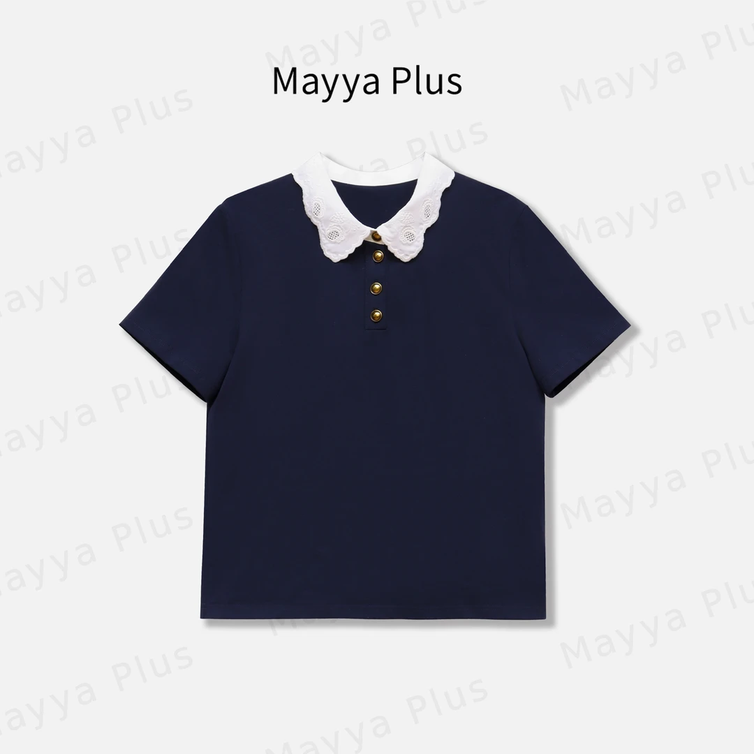 【小蓝】Mayya Plus麦芽定制娃娃领Polo衫短袖蕾丝花边T恤32526308