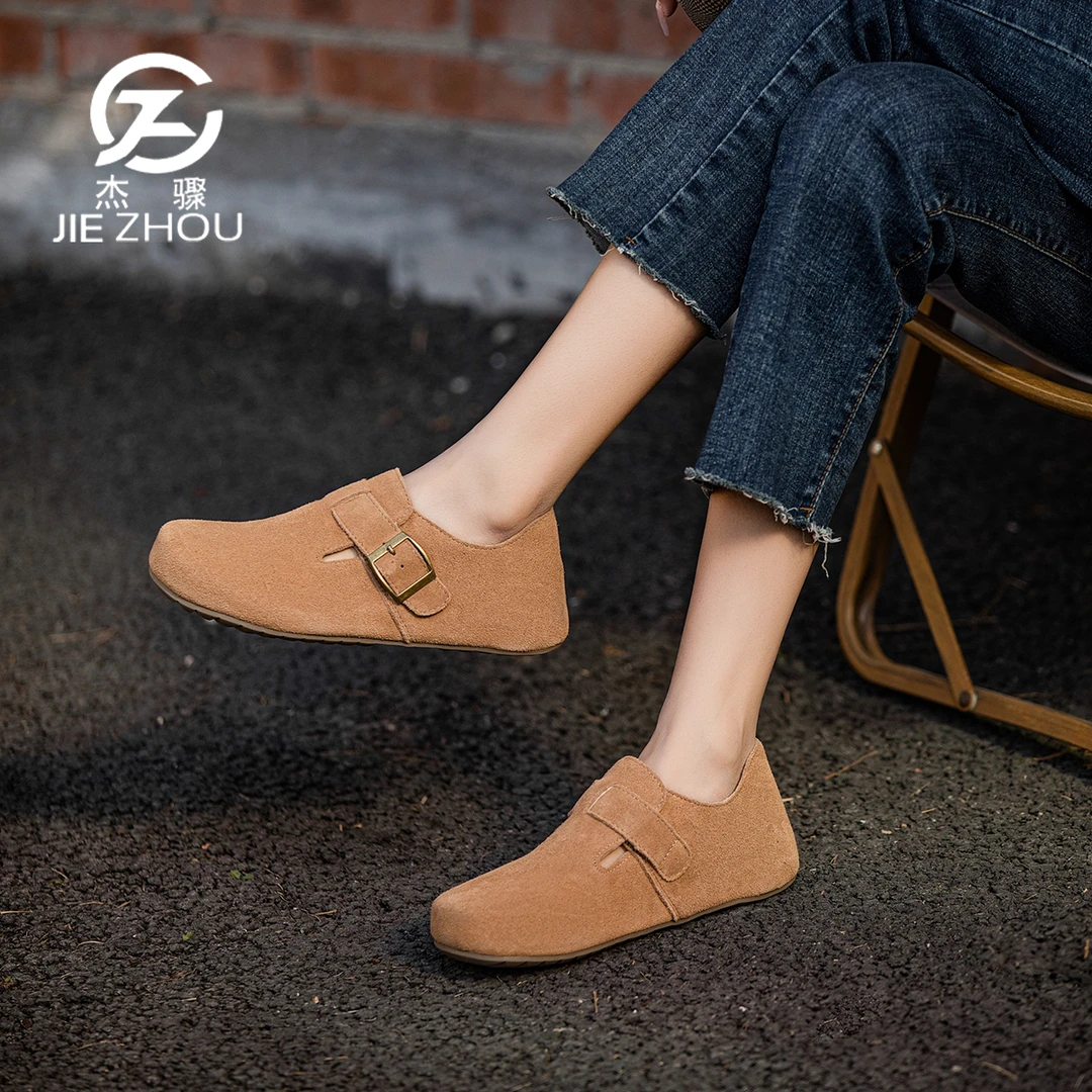 杰骤春秋款真皮软底一脚蹬深口单鞋女磨砂牛皮勃肯鞋原创复古女鞋