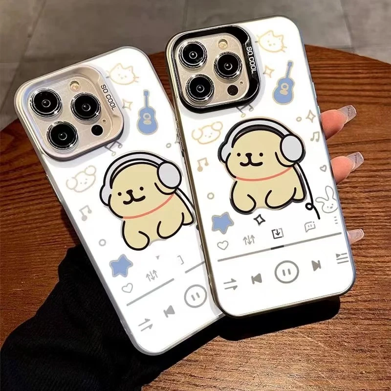 情侣音乐小狗适用苹果16Pro手机壳iPhone15彩银14promax电镀13