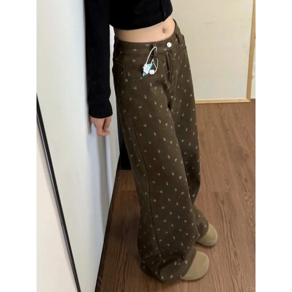 美式做旧碎花牛仔阔腿裤女2025冬季新款显瘦百搭日常慵懒风拖地裤