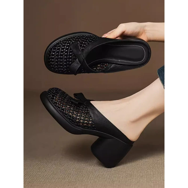 巨舒适~软底高跟包头半拖鞋女8cm夏季新款一脚蹬镂空粗跟厚底凉鞋