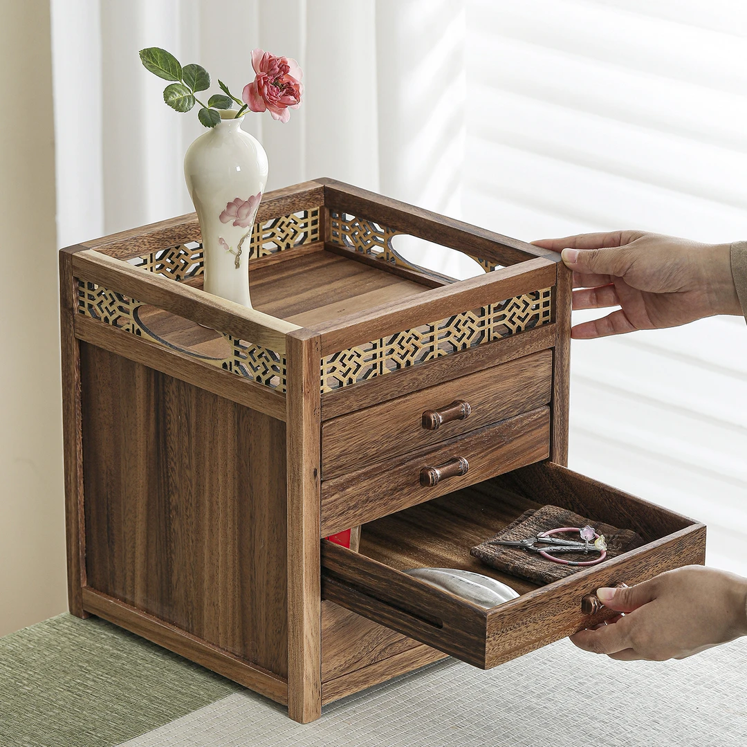 胡桃实木茶饼收纳柜四层普洱茶盒抽屉式博古架茶桌台面茶具置物架