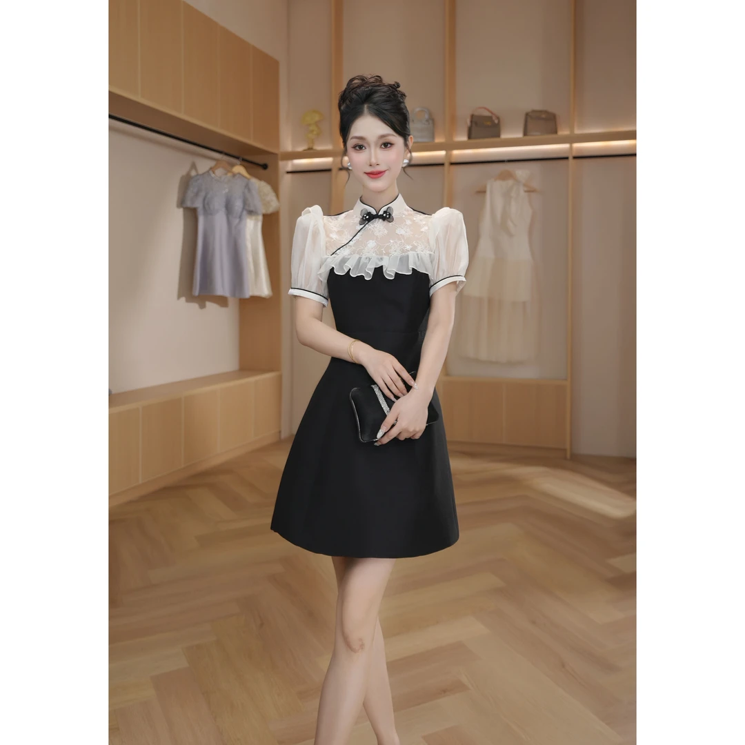 【设计师定制】新中式轻奢时尚收腰拼接修身显瘦连衣裙气质15441