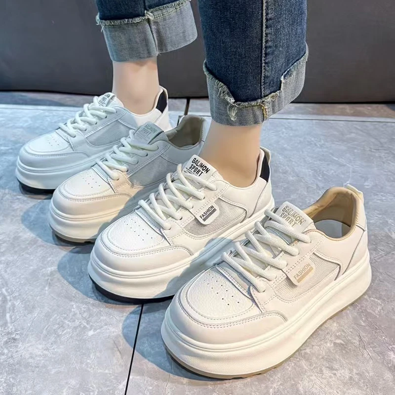 真皮厚底透网小白板鞋女春夏季时尚增高休闲四季款板鞋C300