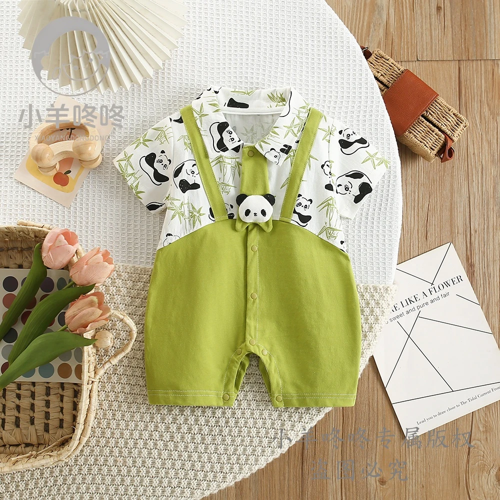 【夏季】新款熊猫乐园拼色纯棉哈衣男女宝宝婴幼儿洋气薄款卡通童装
