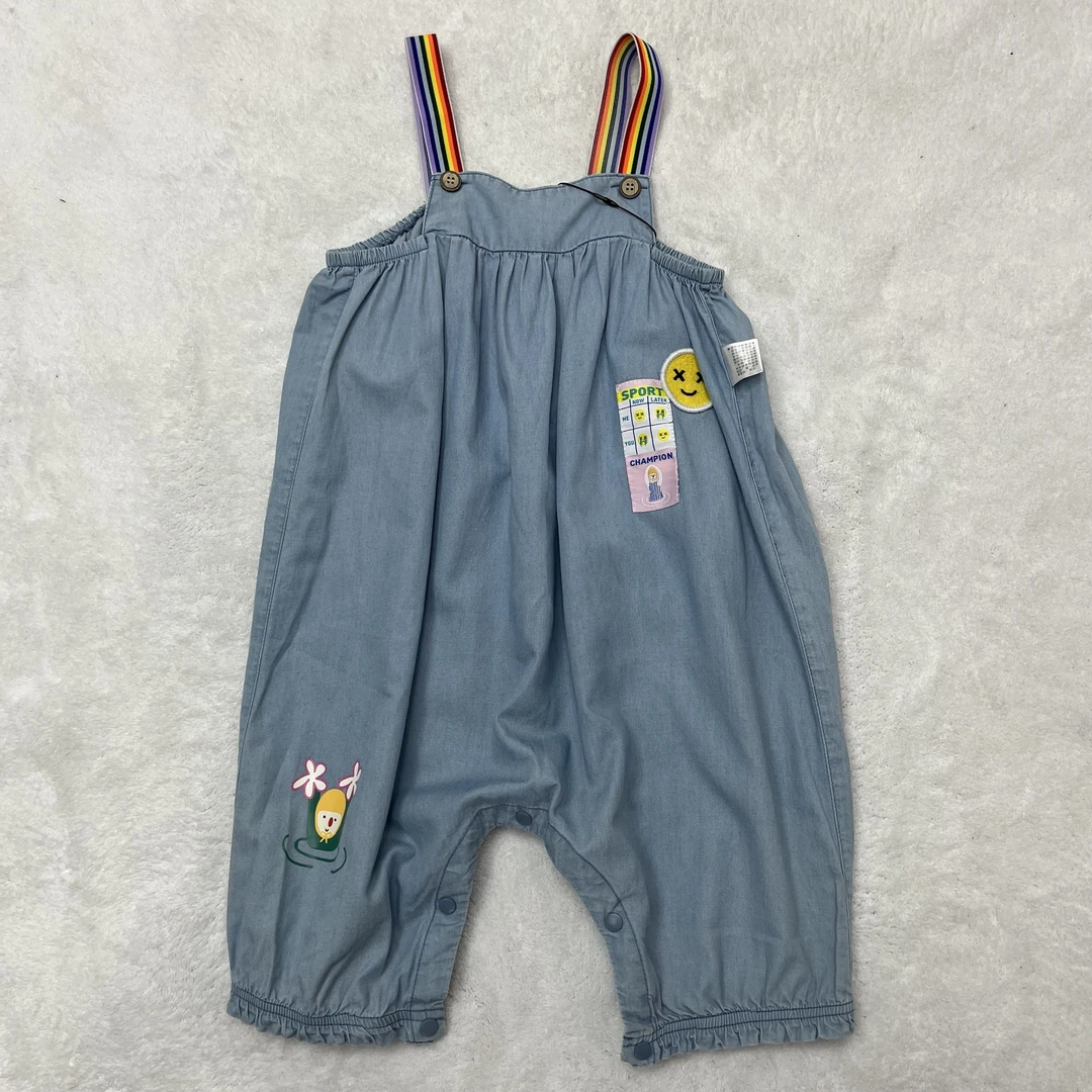 美家女童夏季小彩虹卡通图案可爱防蚊裤牛仔背带裤A3535宝宝