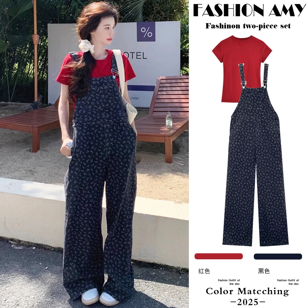 孕妇背带裤套装夏装新款洋气时尚显瘦T恤上衣休闲碎花牛仔阔腿裤1