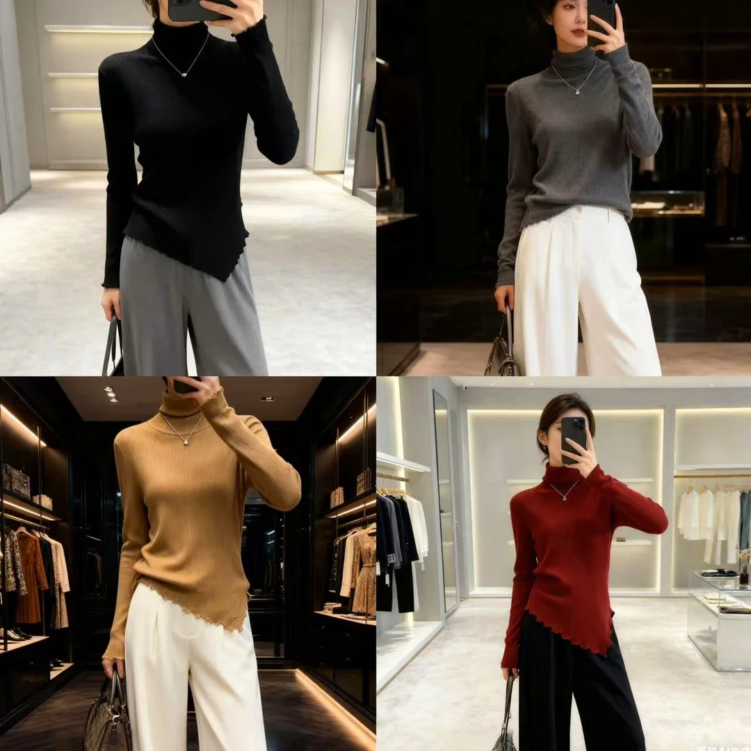 33羊毛~部分无三标! 弹力大！长56-67不规则下摆高领针织上衣 4187