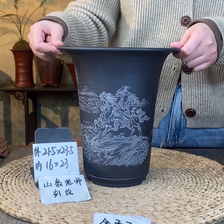 紫砂花盆  全手工石黄山翁老师刻绘观沧海