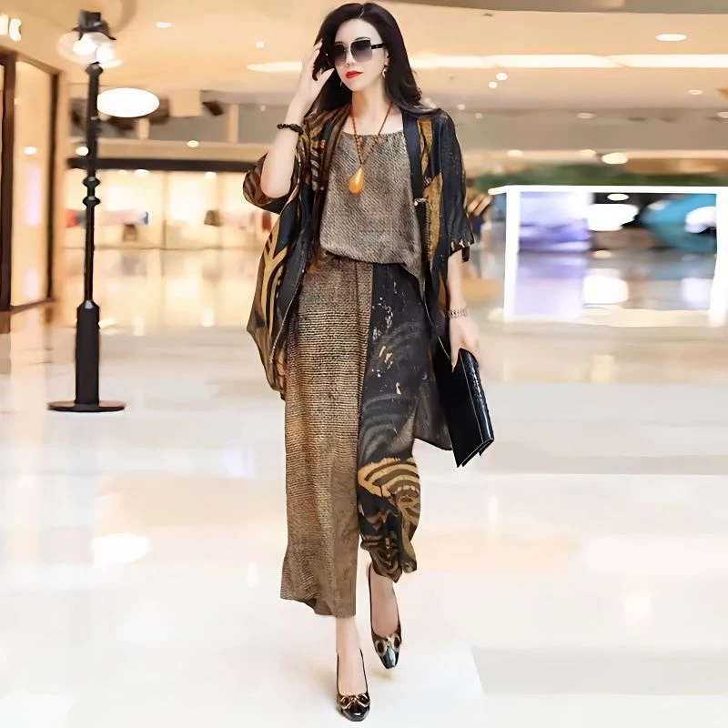 高档三件套装春夏新款加肥加大码休闲宽松遮肉休闲开衫+上衣+裤子