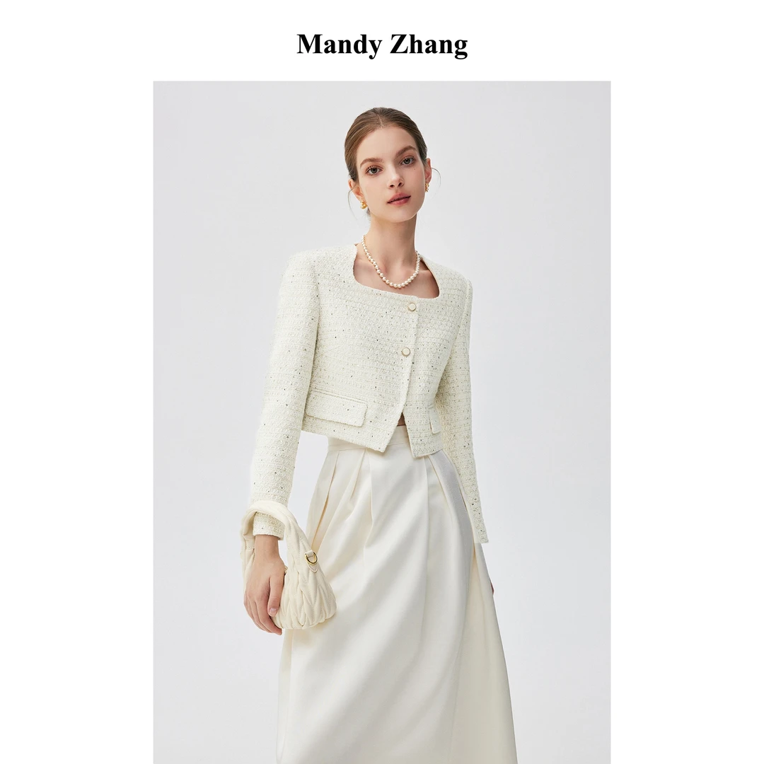 MandyZhang法式亮片编织羽毛袖白色小香风外套女高级感短款上衣春