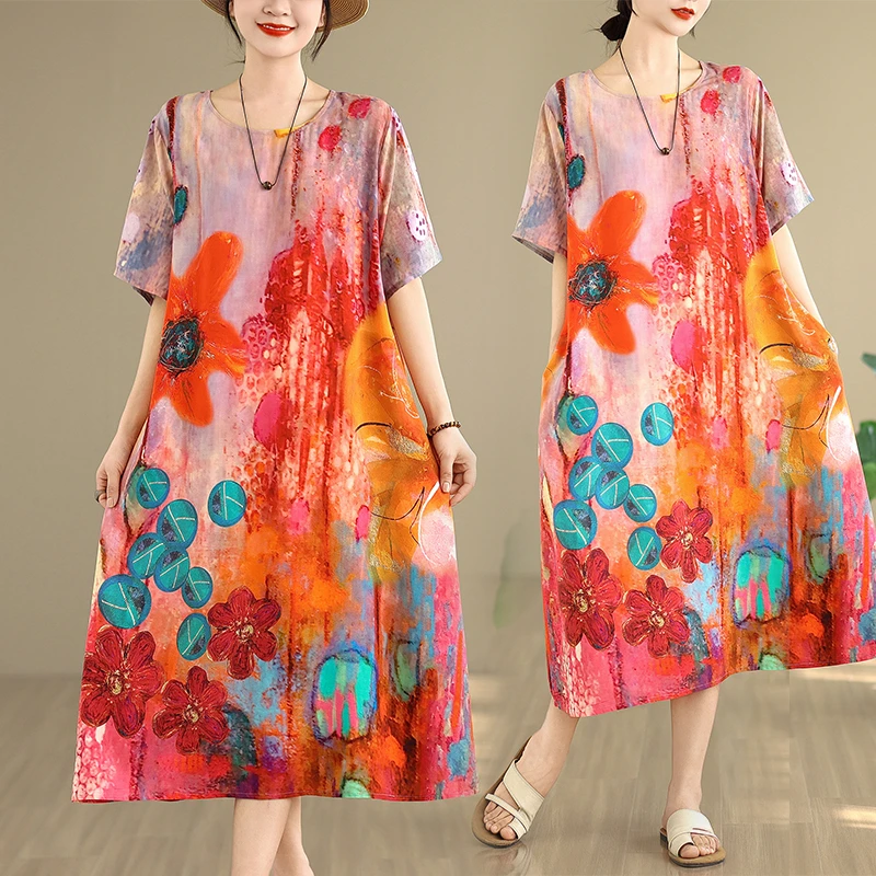 2025夏季新款文艺宽松显瘦中长款印花棉绸连衣裙女装大码裙子