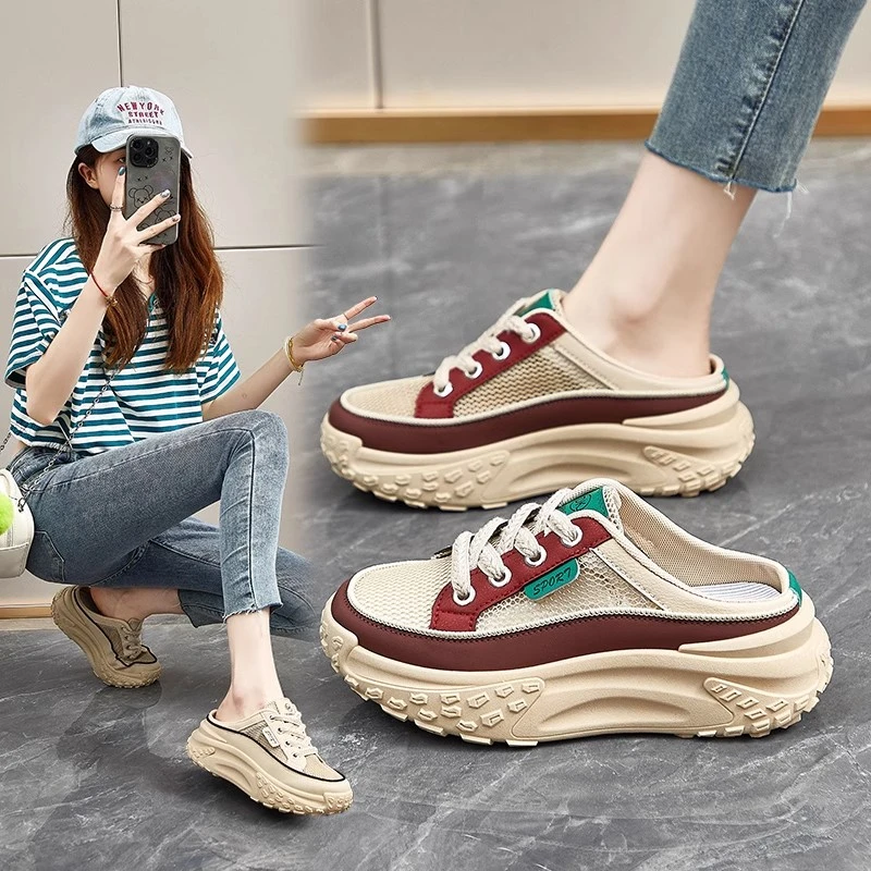 2025夏季新款包头半拖鞋女厚底休闲网面透气外穿踩屎感凉拖鞋女鞋