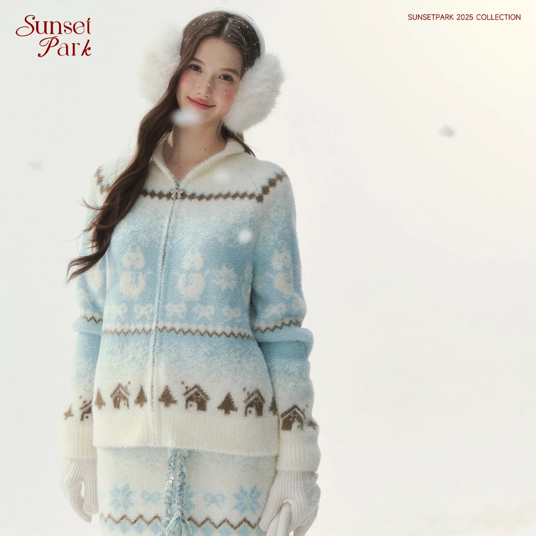 SunsetPark"初雪小筑"雪人费尔岛水貂毛毛衣半裙