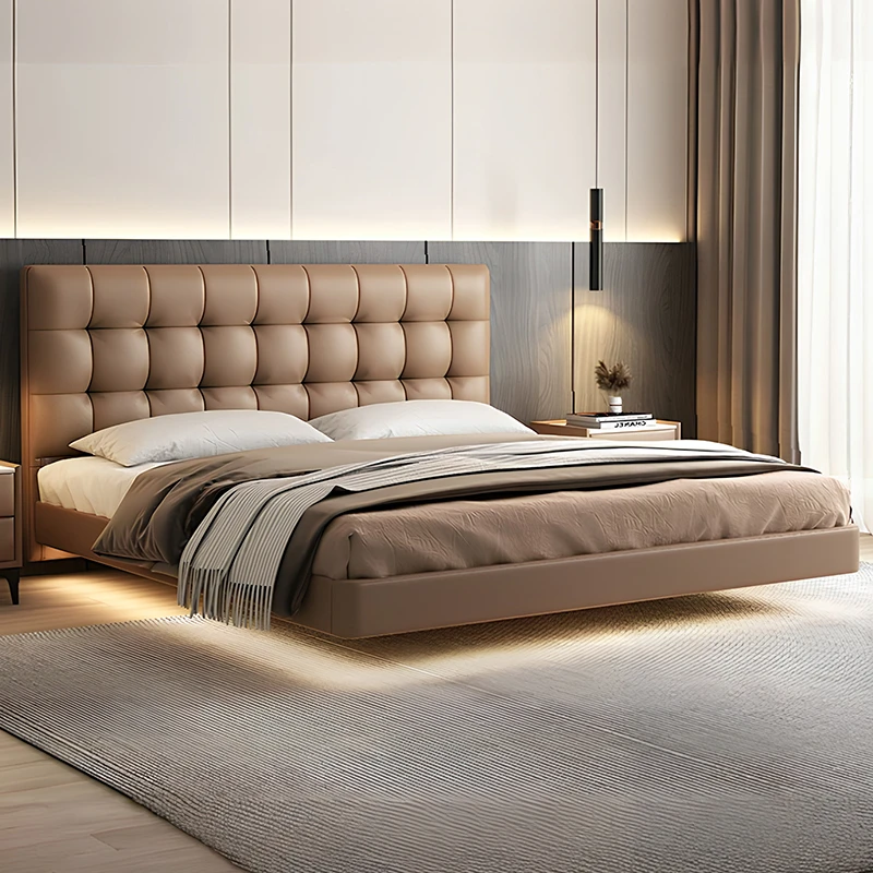 意式简约轻奢华夫格现代皮艺悬浮床LED夜灯小户型主卧室双人床