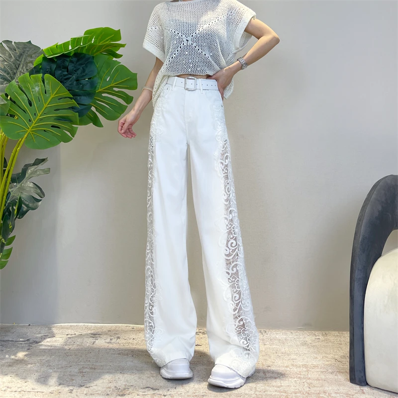 迪否蕾丝镂空破洞阔腿牛仔裤女莱赛尔天丝夏季薄款窄版直筒裤6107