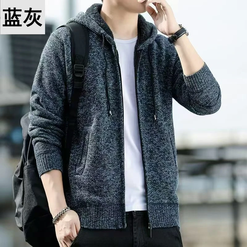 秋冬款加绒男生连帽开衫保暖毛衣针织外套中老年防寒保暖爸爸装