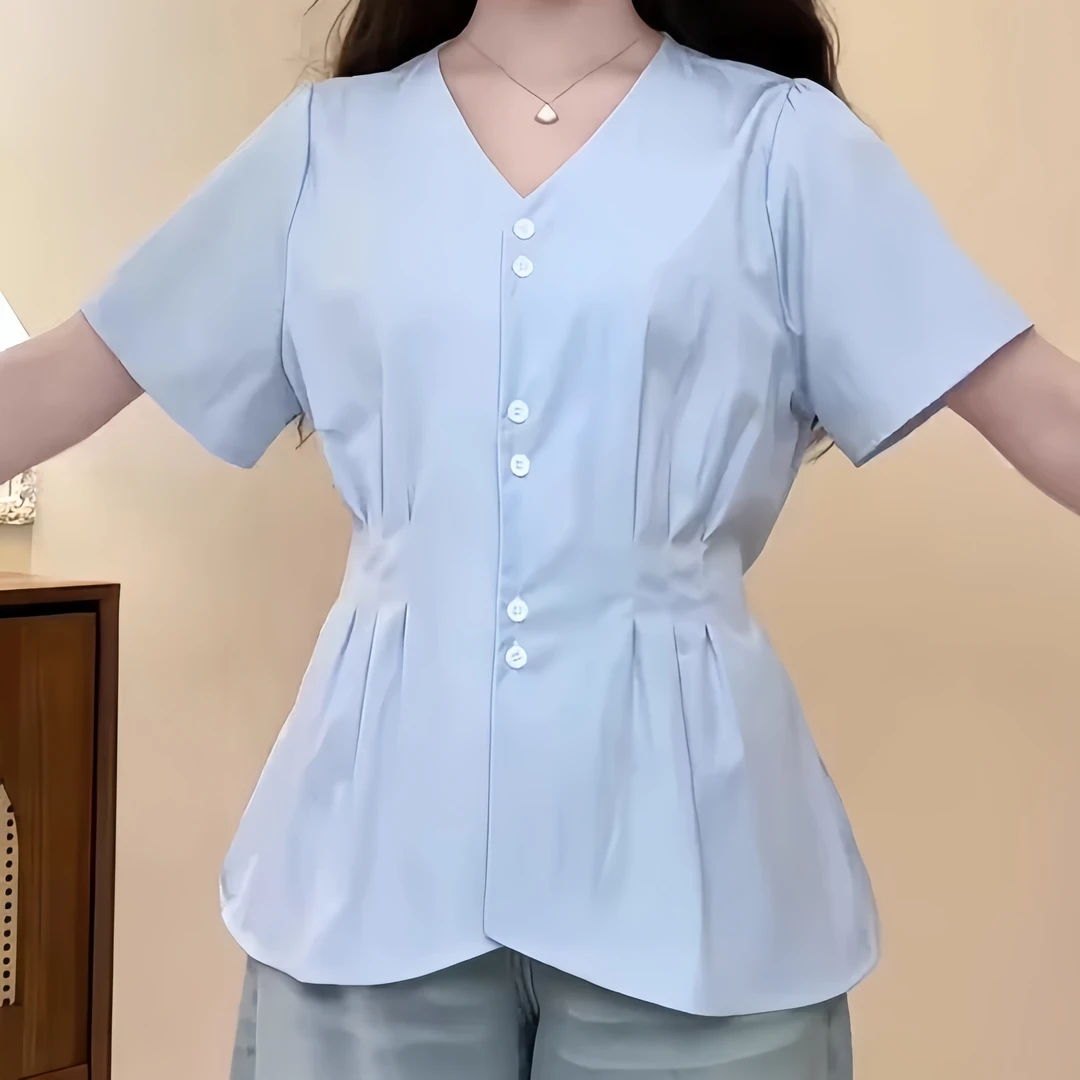 2025夏季气质百搭显瘦休闲纯色显瘦V领时尚新款纽扣上衣短袖T恤女