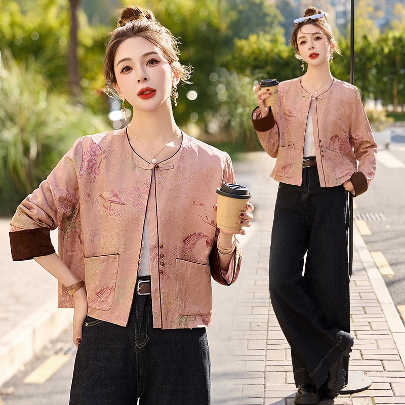 新中式国风印花短外套女2025年春秋新款高级感复古气质小个子上衣