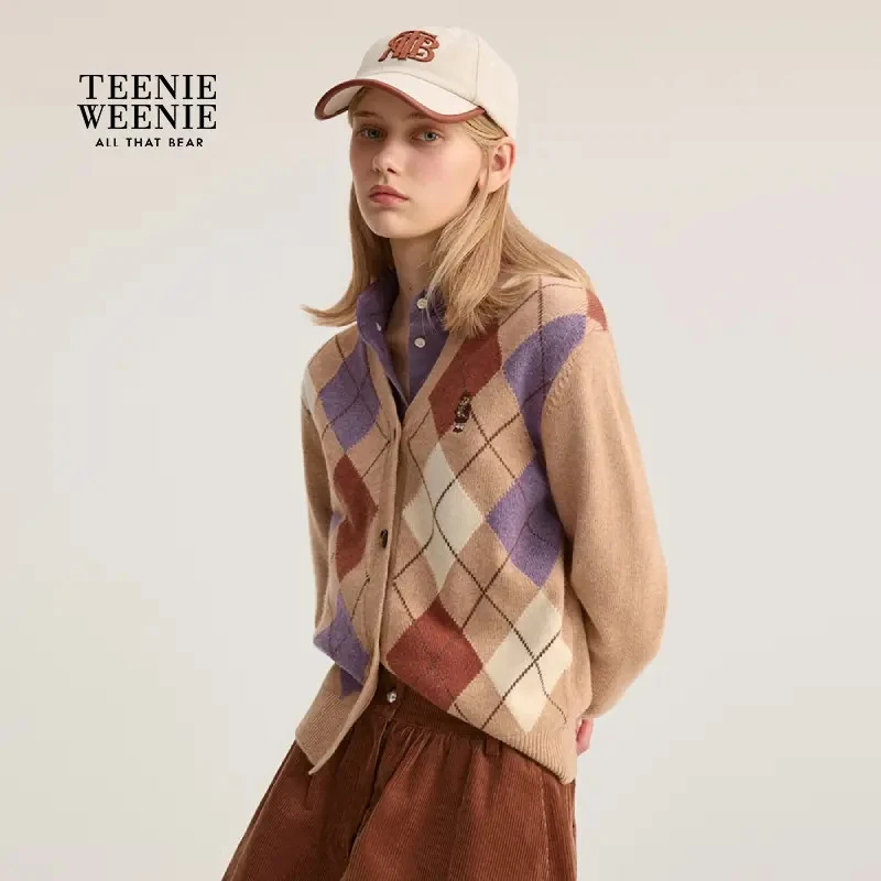 TeenieWeenie小熊女装毛针织衫2025秋菱形格V领开衫上衣秋季秋冬