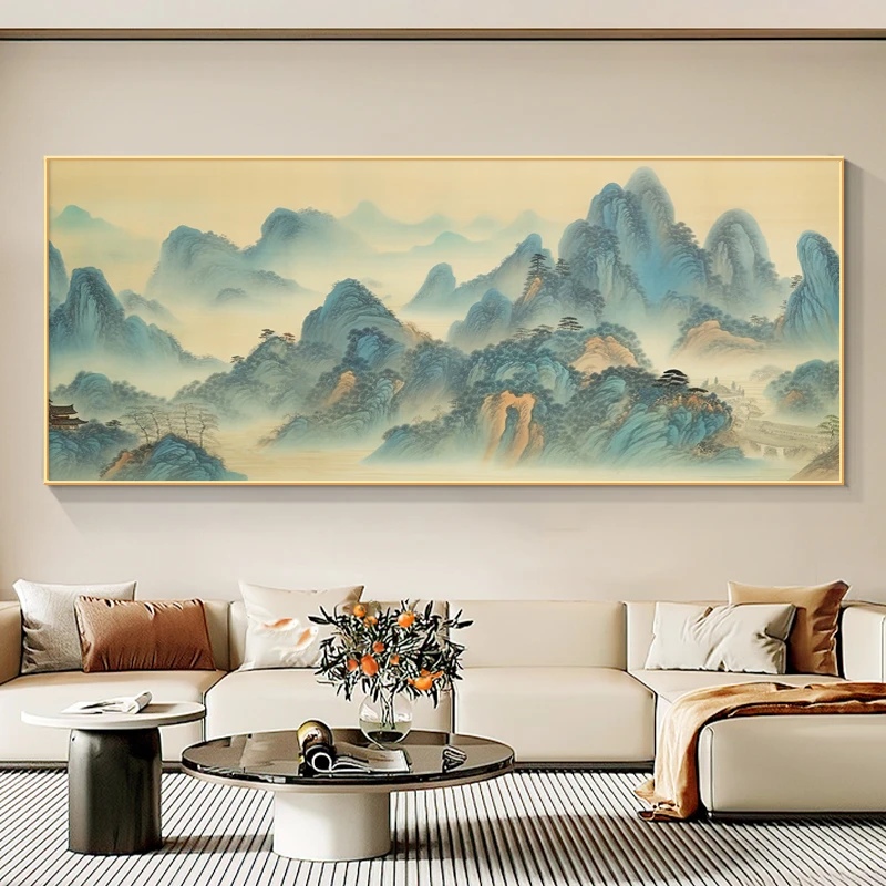 客厅挂画整幅新背景墙图一办公室水墨靠山中式西墙山水画沙发壁画